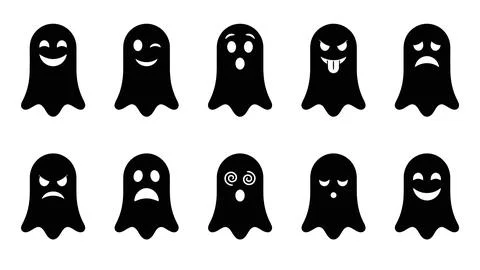 Minimalist black ghost characters with diverse emotional faces and silhouet.. Stock Illustration