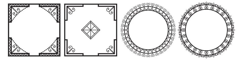 Minimalist black linear frames set with geometric and scroll motifs. Stock Illustration