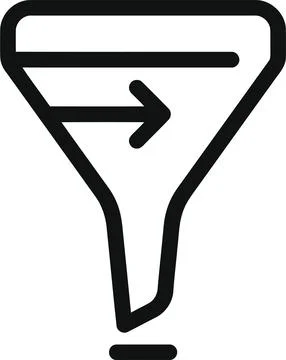 Minimalist black linear icon of a funnel with an internal directional arrow.. Ilustración de archivo