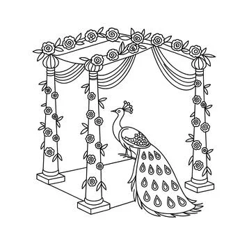 Minimalist black outline vector of 4-pillar floral gazebo arch with draped curta Stock Illustration