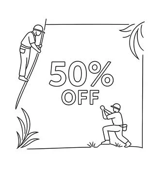 Minimalist black outline vector of 50 percent off typography with workers on sti Stock-Illustration
