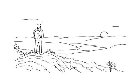 Minimalist black outline vector of backpacker standing on rock cliff facing sunr Stock Illustration