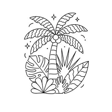 Minimalist black outline vector of coconut palm tree with monstera banana leaves Stock Illustration