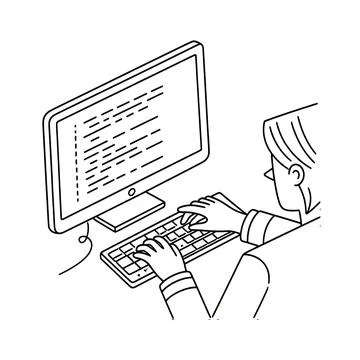 Minimalist black outline vector of coder working on desktop computer monitor wit Stock Illustration