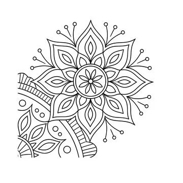 Minimalist black outline vector of decorative floral mandala bloom and intricate Stock Illustration