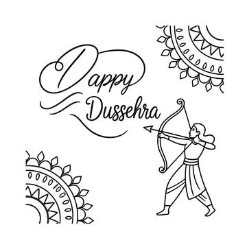 Minimalist black outline vector of Happy Dussehra lettering flanked by Hindu arc Stock Illustration