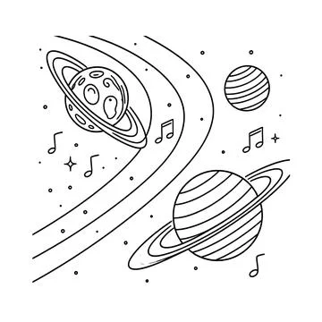 Minimalist black outline vector of outer space solar system with ringed planets Stock Illustration
