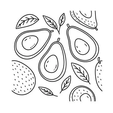 Minimalist black outline vector pattern of pitted avocado halves whole textured Stock Illustration