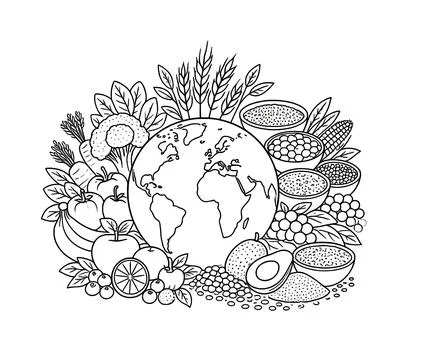 Minimalist black outline vector of planet Earth surrounded by broccoli carrots a Stock Illustration