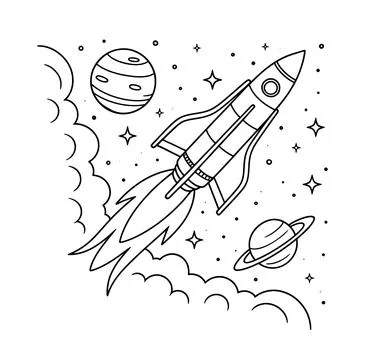 Minimalist black outline vector of rocket ship flying upward next to ringed plan Stock Illustration