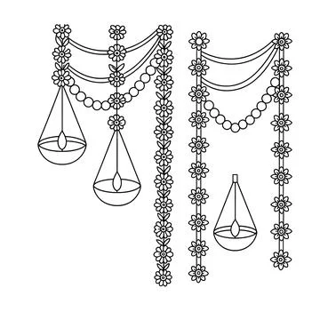 Minimalist black outline vector set of genda phool flower mala beaded strings an Stock Illustration