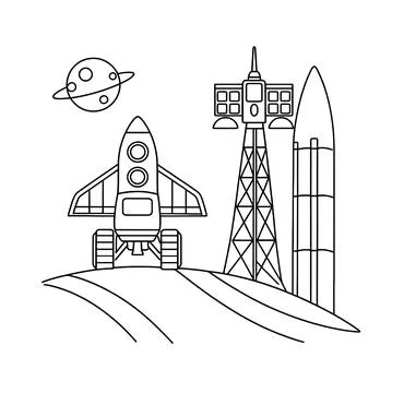 Minimalist black outline vector of space shuttle rover next to launch tower rock Stock Illustration