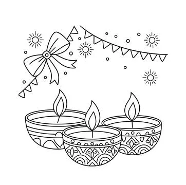 Minimalist black outline vector of three decorative clay diyas burning flames ha Stock Illustration