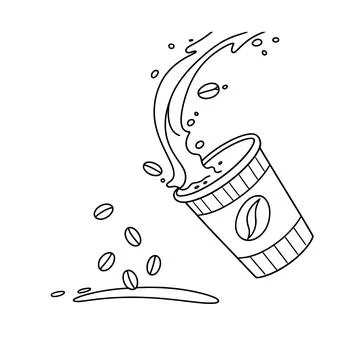 Minimalist black outline vector of tilted disposable coffee cup with liquid spla Stock Illustration