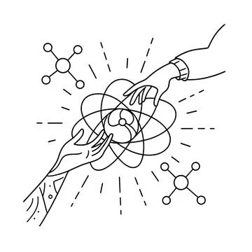 Minimalist black outline vector of two reaching hands touching glowing atomic or Stock Illustration