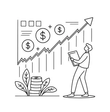 Minimalist black outline vector of upward trending financial chart dollar coins Stock Illustration