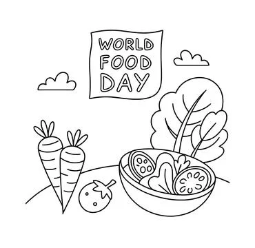 Minimalist black outline vector of World Food Day lettering with salad bowl carr Stock Illustration