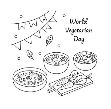 Minimalist black outline vector of World Vegetarian Day typography with vegetabl 库存插图