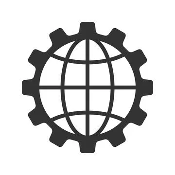 A minimalist black vector icon combining a gear with a globe grid, representi 库存插图