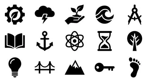 Minimalist black vector icon set representing nature science Stock Illustration