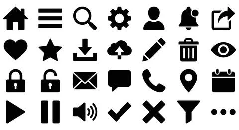 Minimalist black vector icons set containing essential user interface eleme.. Stock Illustration