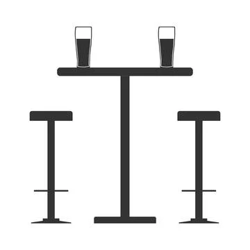 Minimalist black vector silhouette of pub high bar table stools and two Stockillustratie