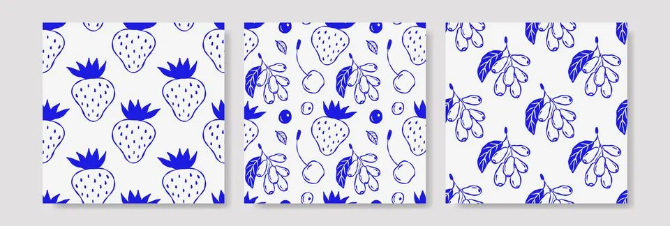 Minimalist blue and white patterned design with berries 库存插图
