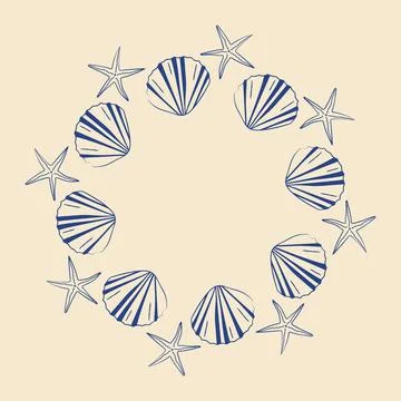 Minimalist blue contour seashell and starfish round wreath on beige backgroun イラスト素材