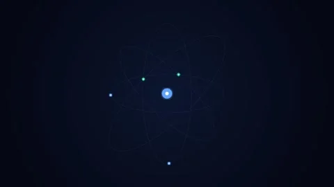 Minimalist blue glowing atom model floating in deep dark space background Stock Footage 338311328