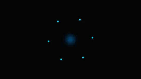 Minimalist blue glowing atom structure isolated against a solid black backg.. Stock-Footage 339617593