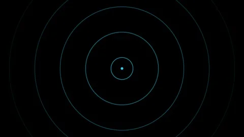 Minimalist blue glowing concentric circles centered on a dark black backgroun Video stock 339618764