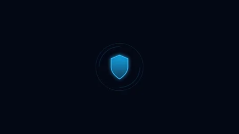 A minimalist blue glowing shield icon set against a dark background Video stock 338312060