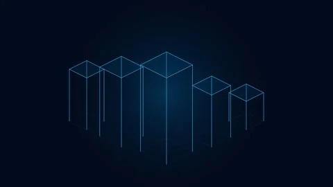 Minimalist blue glowing wireframe cubes on a dark digital background Stock Footage 339619032