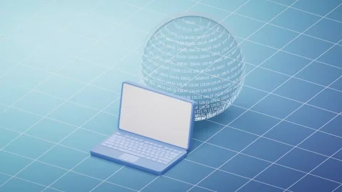 Minimalist blue laptop opening with rotating digital data globe on grid bac.. Stock Footage 332385587
