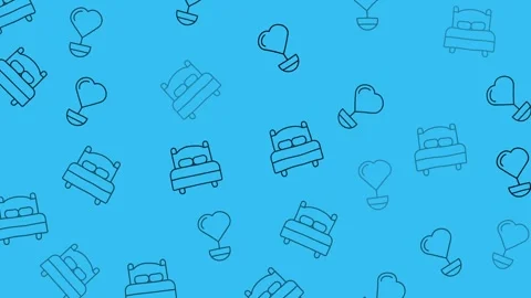 Minimalist blue pattern with bed and heart hot air balloon line art icons Stock Footage 345539056