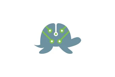 Minimalist Blue Tech Turtle Logo with Green Circuit Nodes Vector Icon Stock Illustration