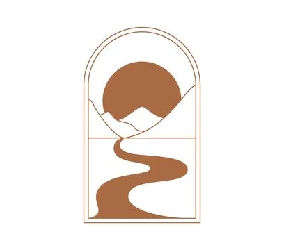Minimalist boho arch window emblem with rising sun Stock Illustration