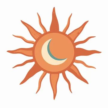 Minimalist Boho Celestial Sun and Crescent Moon Flat Vector Illustration, M.. Ilustración de archivo