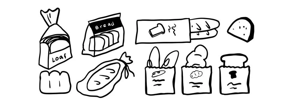 Minimalist Bread Doodle Set | Two Color Black &amp; White Vector Illustration Illustrazione stock