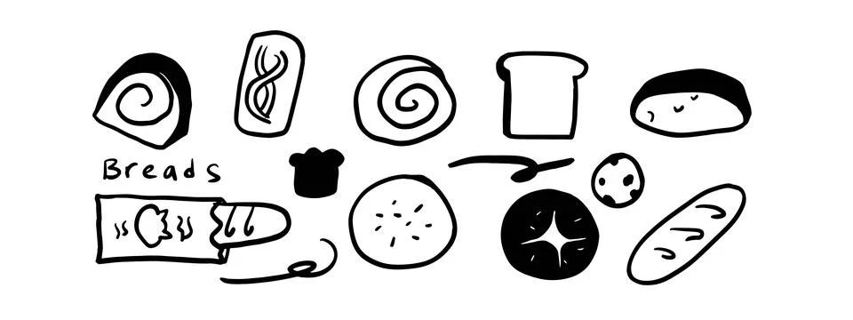 Minimalist Bread Doodle Set | Two Color Black &amp; White Vector Illustration イラスト素材