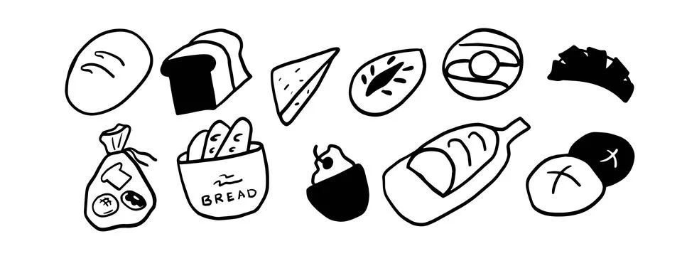 Minimalist Bread Doodle Set | Two Color Black &amp; White Vector Illustration 스톡 일러스트