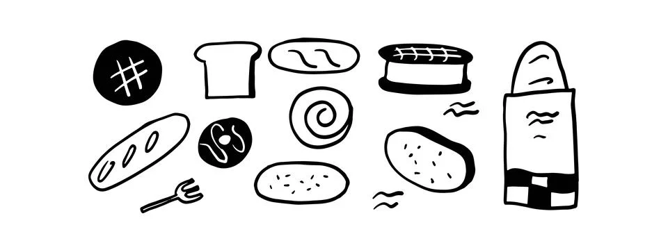 Minimalist Bread Doodle Set | Two Color Black &amp; White Vector Illustration Stock Illustration