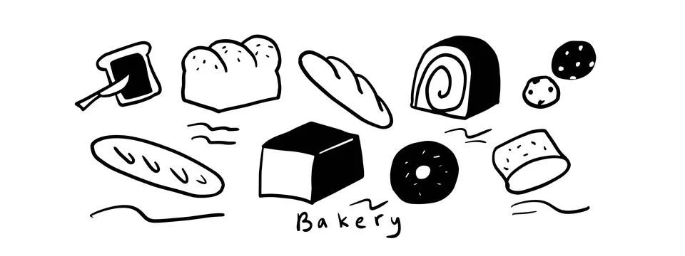 Minimalist Bread Doodle Set | Two Color Black &amp; White Vector Illustration Stock Illustration