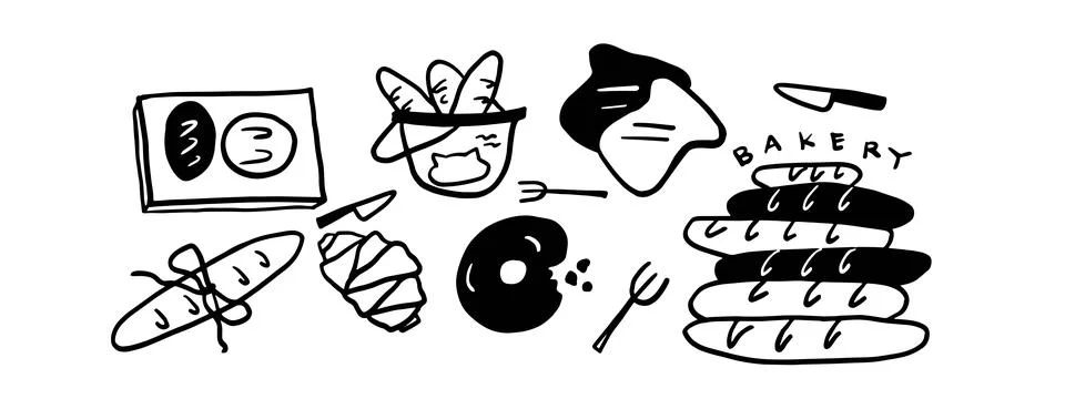 Minimalist Bread Doodle Set | Two Color Black &amp; White Vector Illustration Stock Illustration