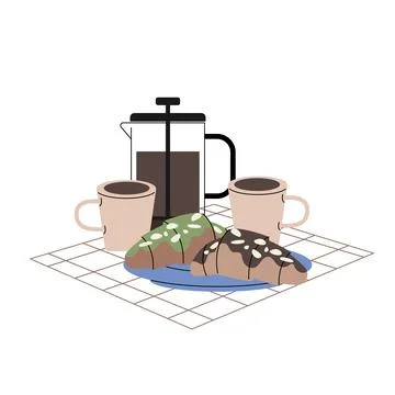 Minimalist breakfast illustration featuring two coffee cups, a French press, and Stock Illustration