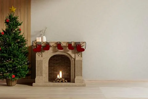 Minimalist bricks fireplace with string light and stocking socks aside Chri.. Stock Illustration