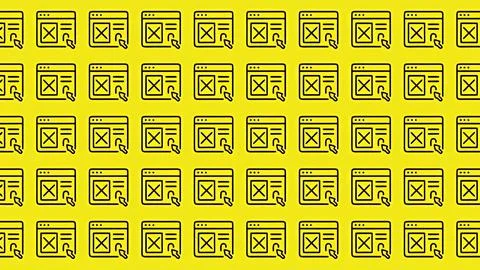 Minimalist browser window and cursor icon pattern on vibrant yellow backgroun Illustrazione stock