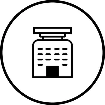 Minimalist building icon within circle representing architecture and urban .. Ilustración de archivo