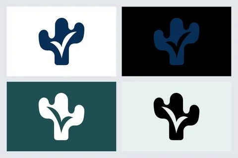 Minimalist Cactus Check Mark Logo Icon Set 库存插图