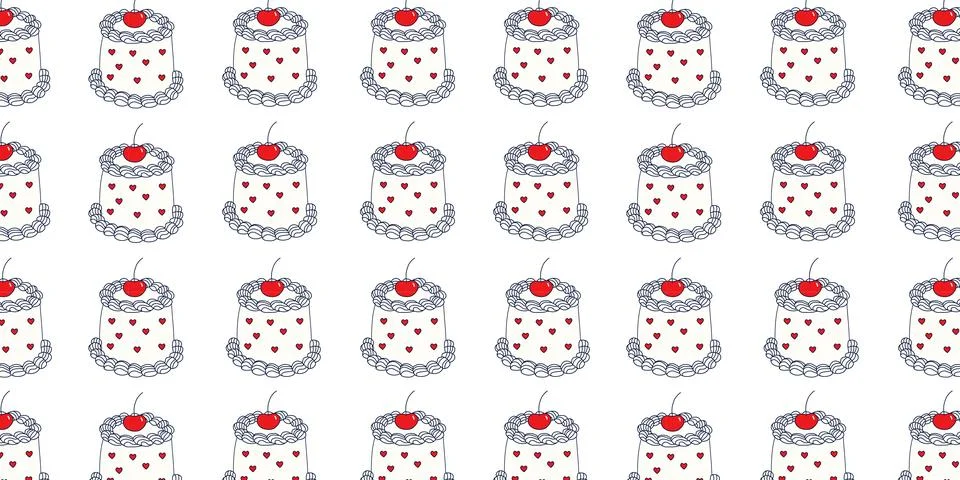 Minimalist cake seamless pattern with cute line art dessert and red cherry .. 스톡 일러스트
